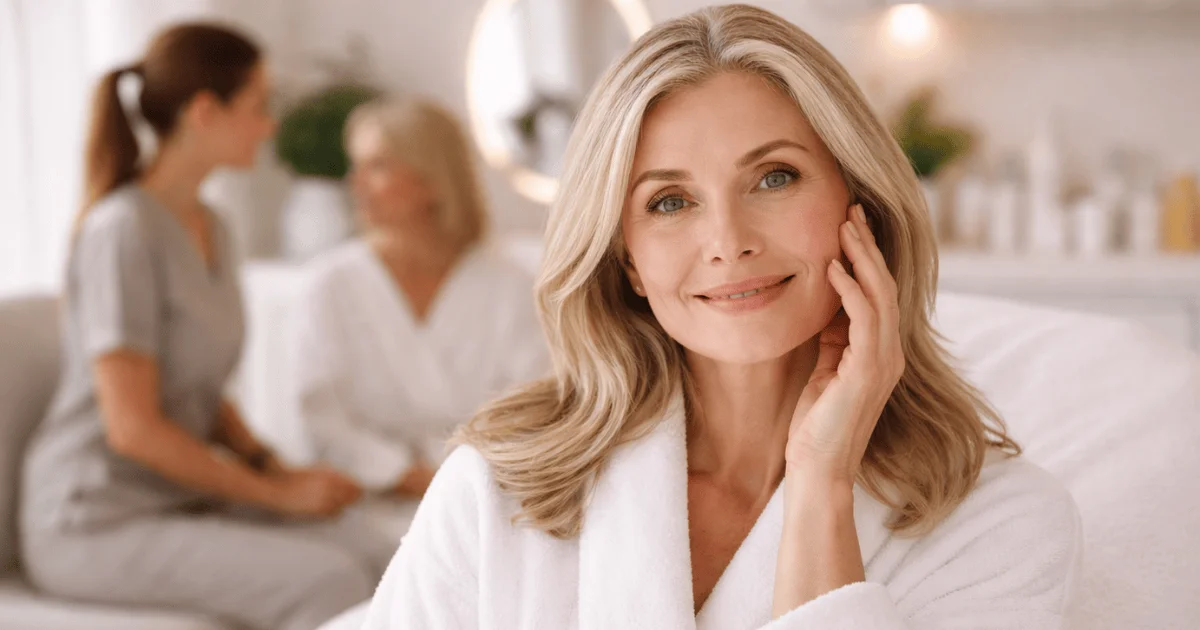 Woman in her 40s receiving a professional facial treatment for healthy glowing skin