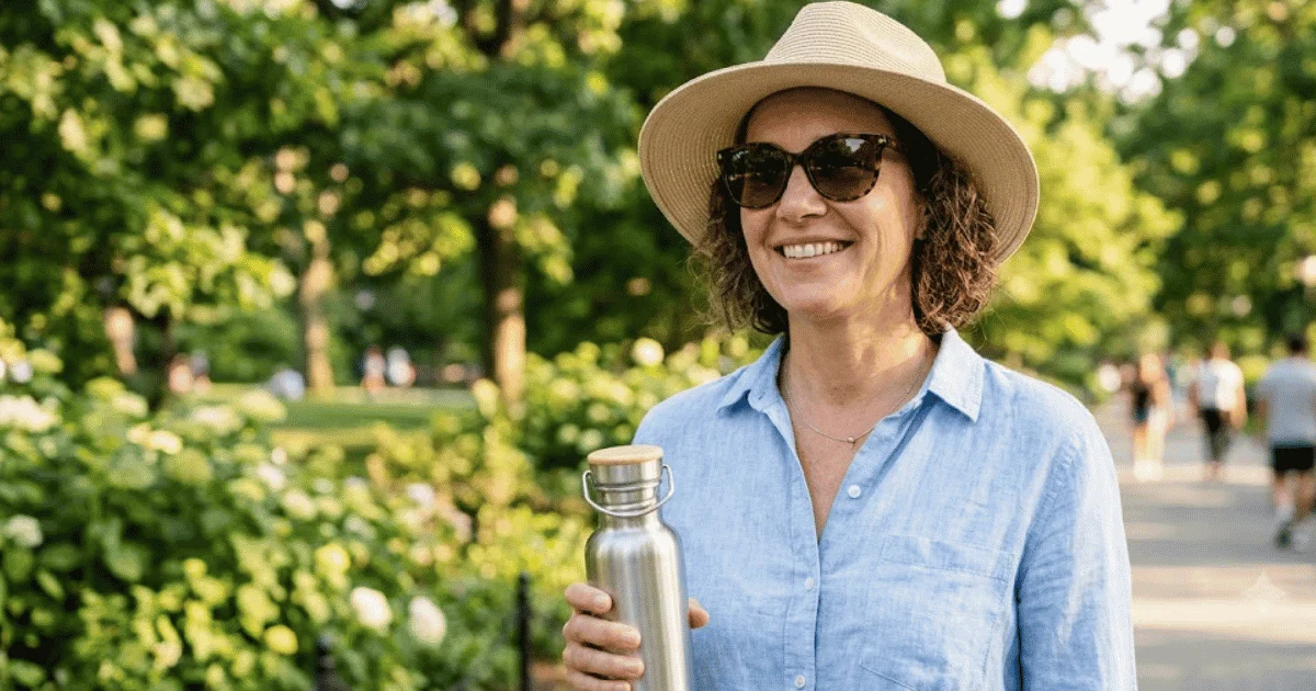 Smiling woman with realistic skin texture holding a water bottle outdoors while wearing sun protection gear