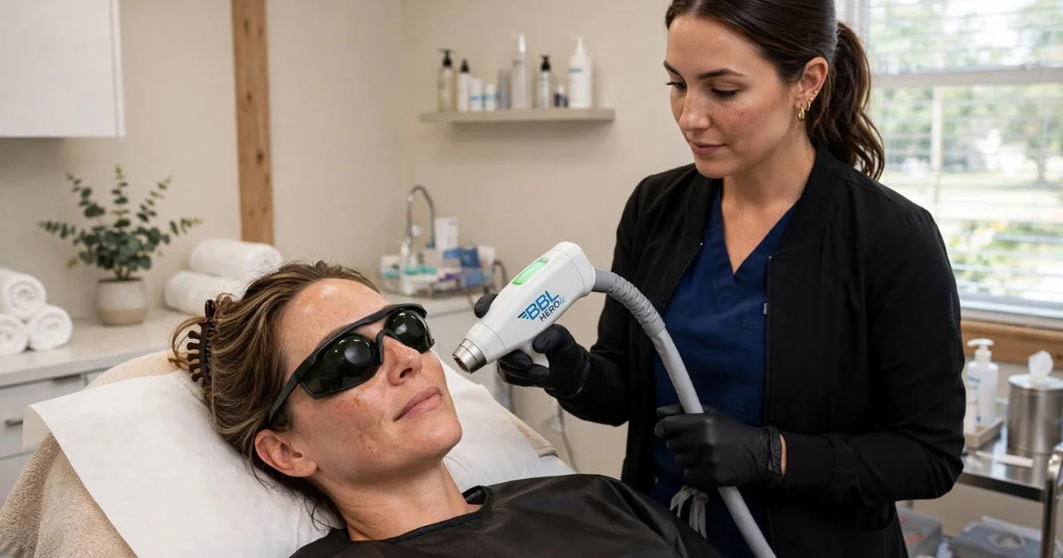 Woman receiving BBL HERO photofacial treatment for sun damage and uneven skin tone at Pure Skin and Aesthetics